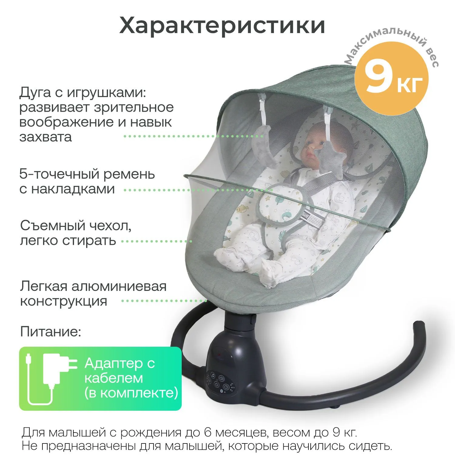 Стульчик для кормления растущий Tutti Bambini NOVA + Качели Fiorellino mint BSN001