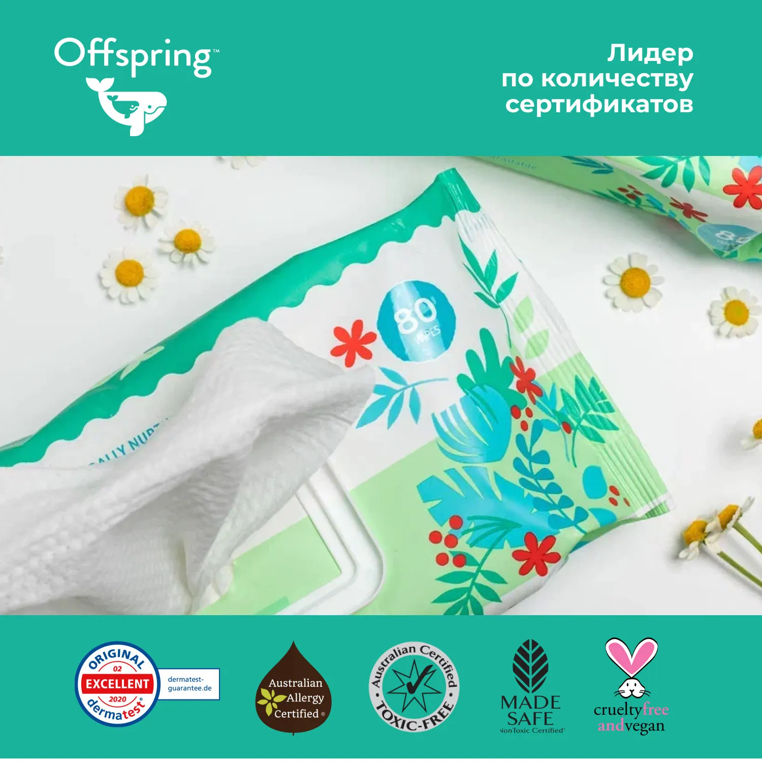 Салфетки биоразлагаемые влажные Offspring 80 шт OF03W80