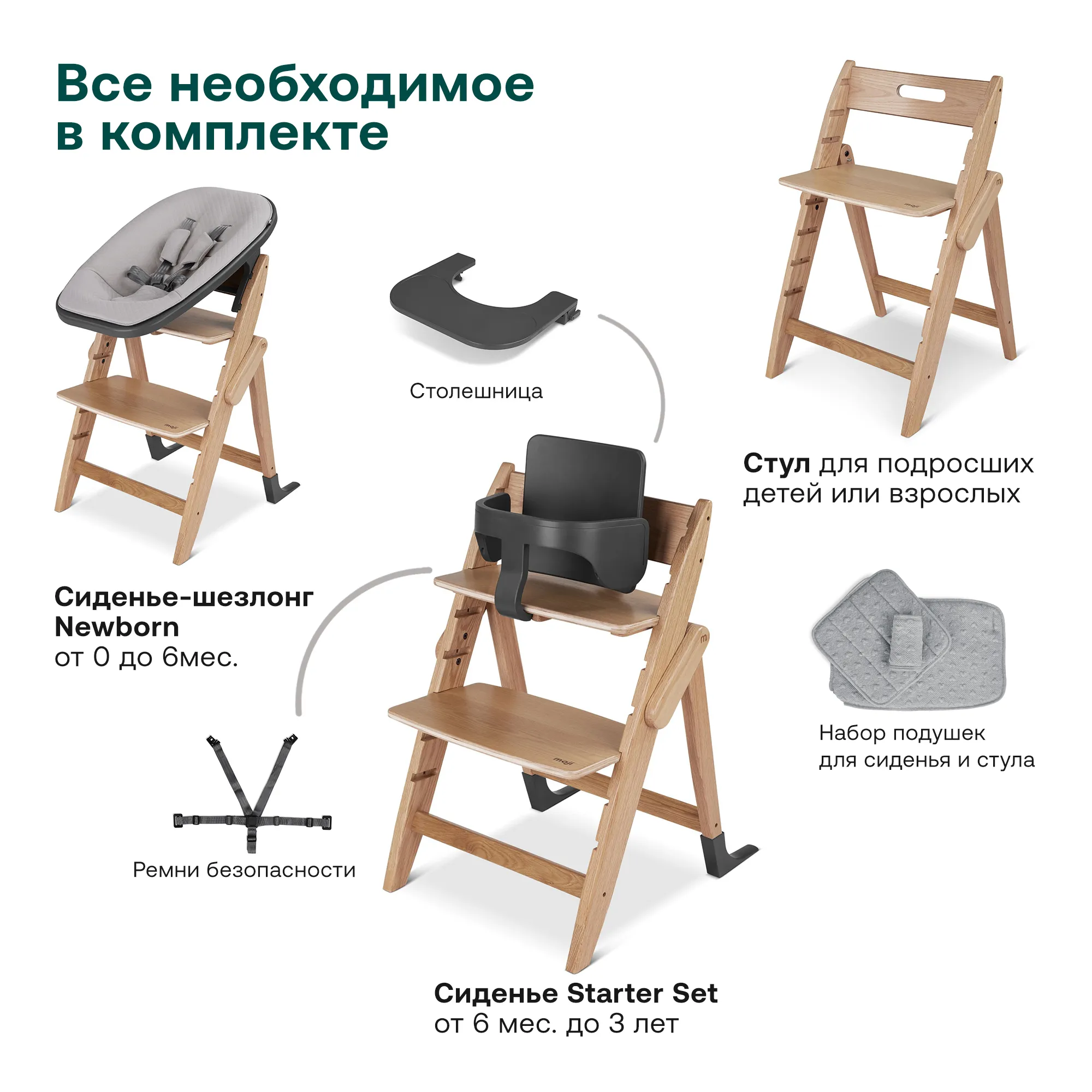 Растущий стульчик Moji by ABC-Design Yippy ВСЁ ВКЛЮЧЕНО oak, текстиль birch/heart