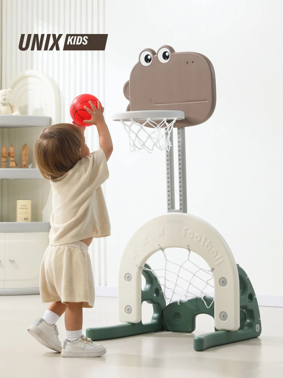 Стойка баскетбольная и хоккейные/футбольные ворота UNIX Kids Dino (3 в 1) Green PPBSDINOGR
