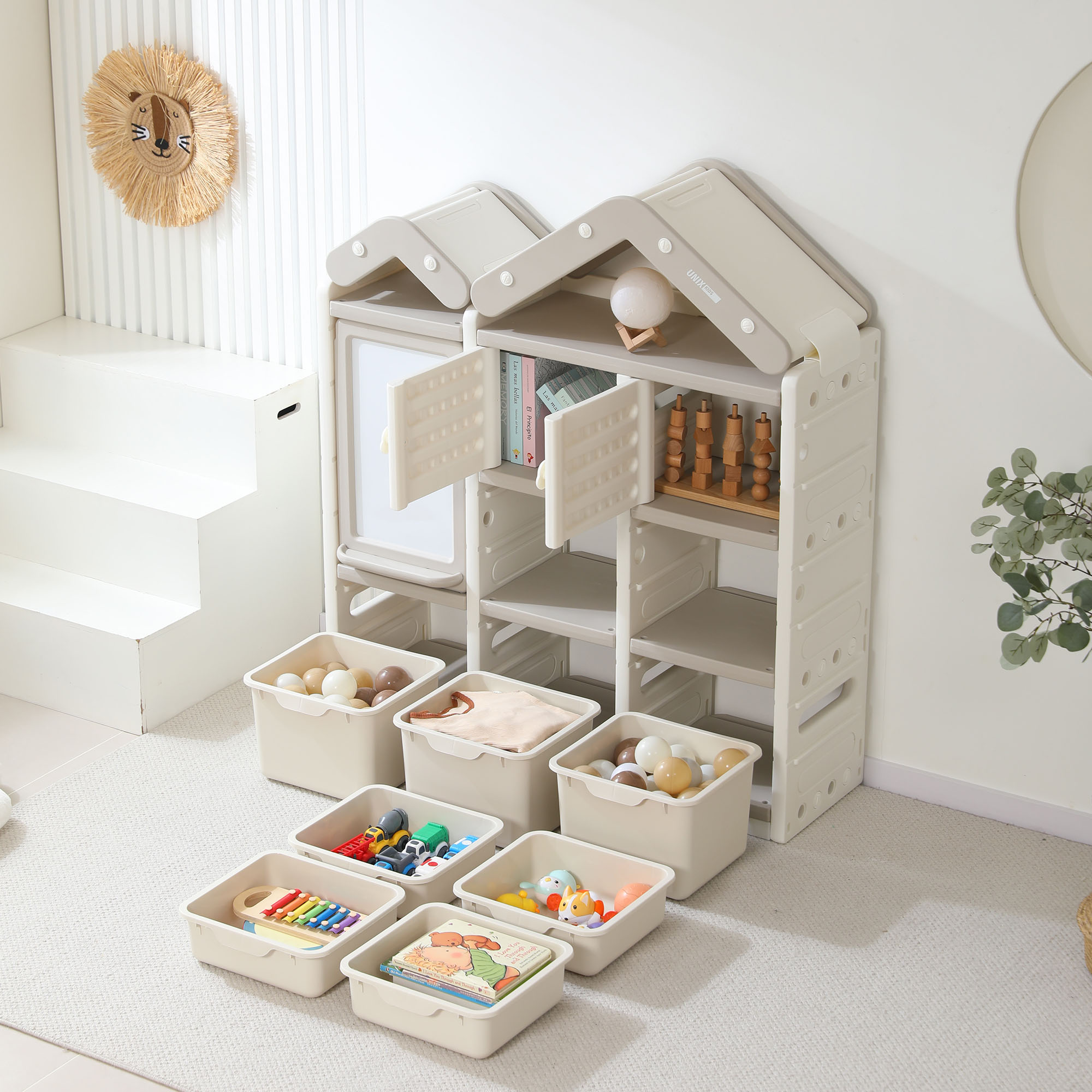 Стеллаж UNIX Kids для игрушек House (7 ящиков, 2 полки с дверцей)